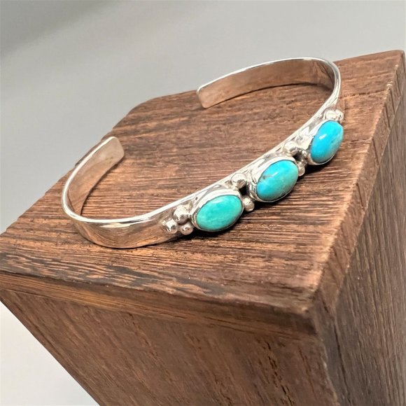 E Jackson Signed Sterling Silver 925 Cuff Bracelet Genuine Blue Green Turquoise - Picture 2 of 12